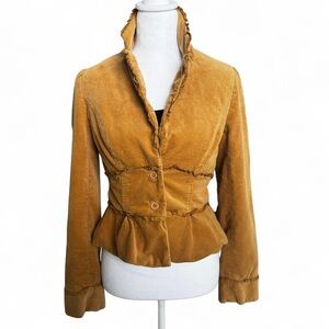 Sitwell Anthropologie Women's mustard corduroy jacket with Ruffle Collar